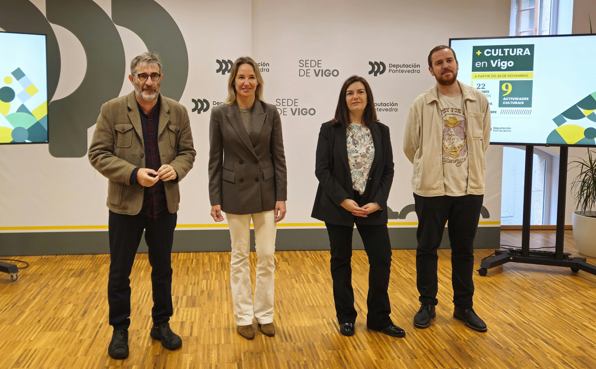 Marta Fernández-Tapias, Ledicia Costas e Amaro Ferreiro na presentación da oferta cultural na sede da Deputación en Vigo